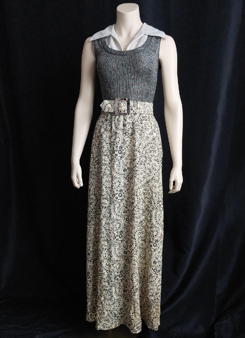 SPACE AGE BOHO GLAM Vintage 1970s SHIMMERY METALLIC KNIT MAXI DRESS GOWN – S