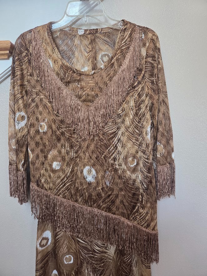 Vtg Tan Peacock Fringe 2 pc Boho Flapper Style Party Dress Size 11/12 Sheer