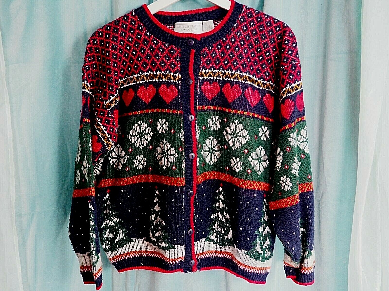 VTG United States Sweaters Winter Holiday Multicolor Knit Cardigan Womens Sz L