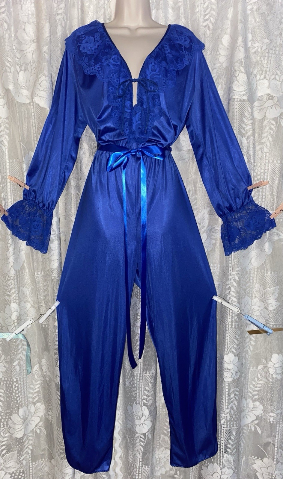Vtg XL 1X TALL JENELLE Royal Blue NYLON Palazzo Jumpsuit nightgown POETs LACE
