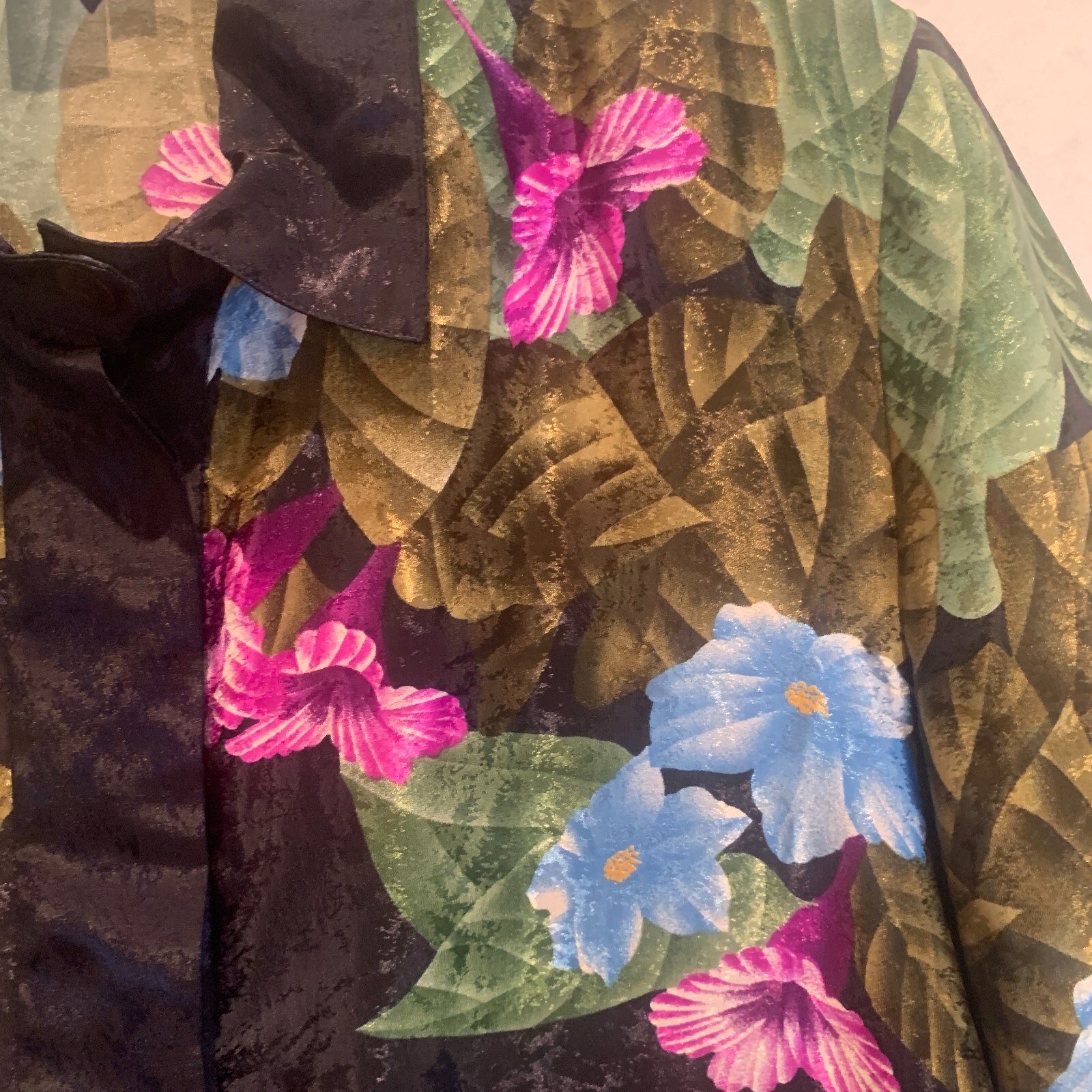 Brownstone Studio Womens Blouse 18 Vintage Hong Kong Silky Black Floral Button