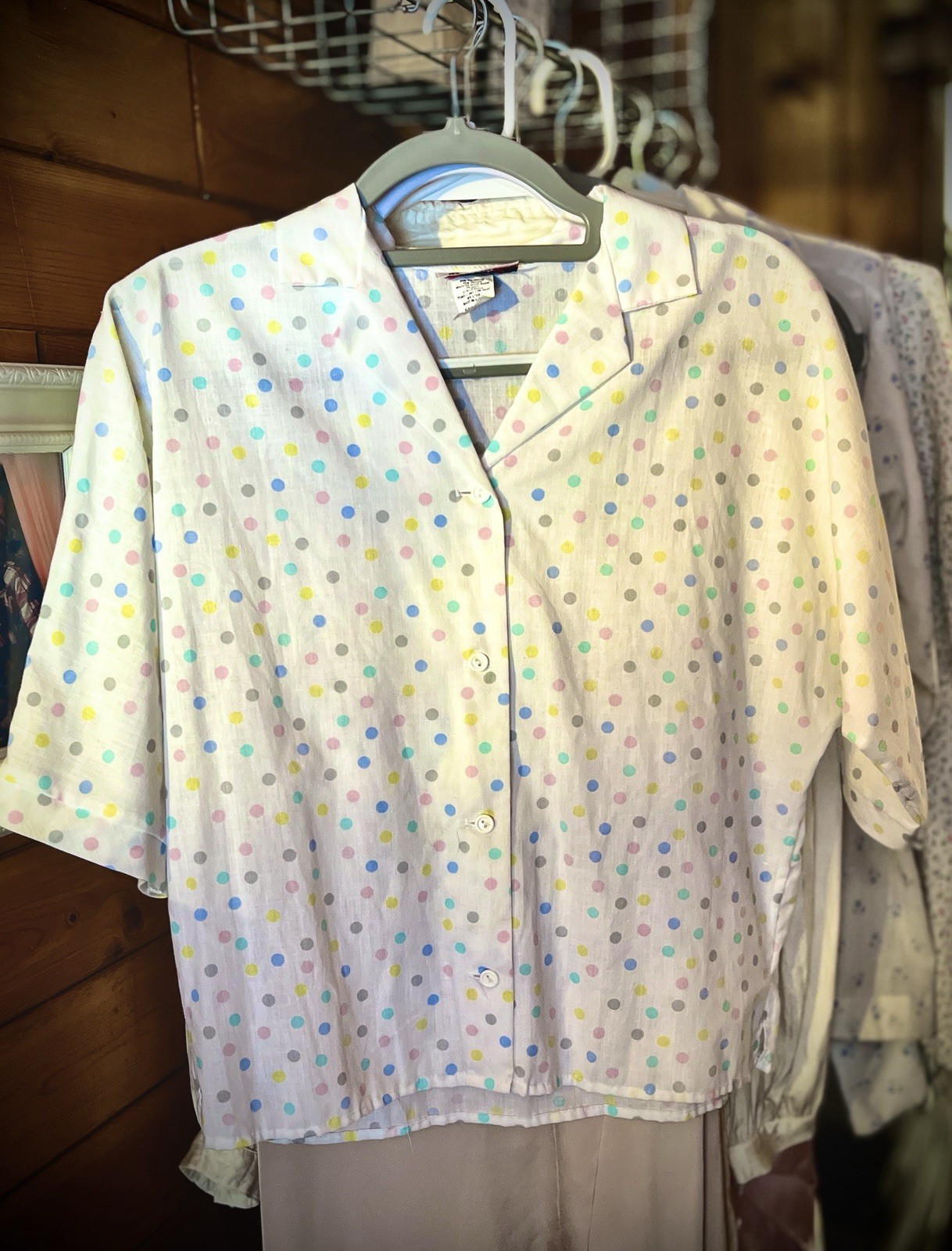 True Vintage Rhapsody Women&rsquo;s Blouse Size M Petite White With Pastel Polka Dots