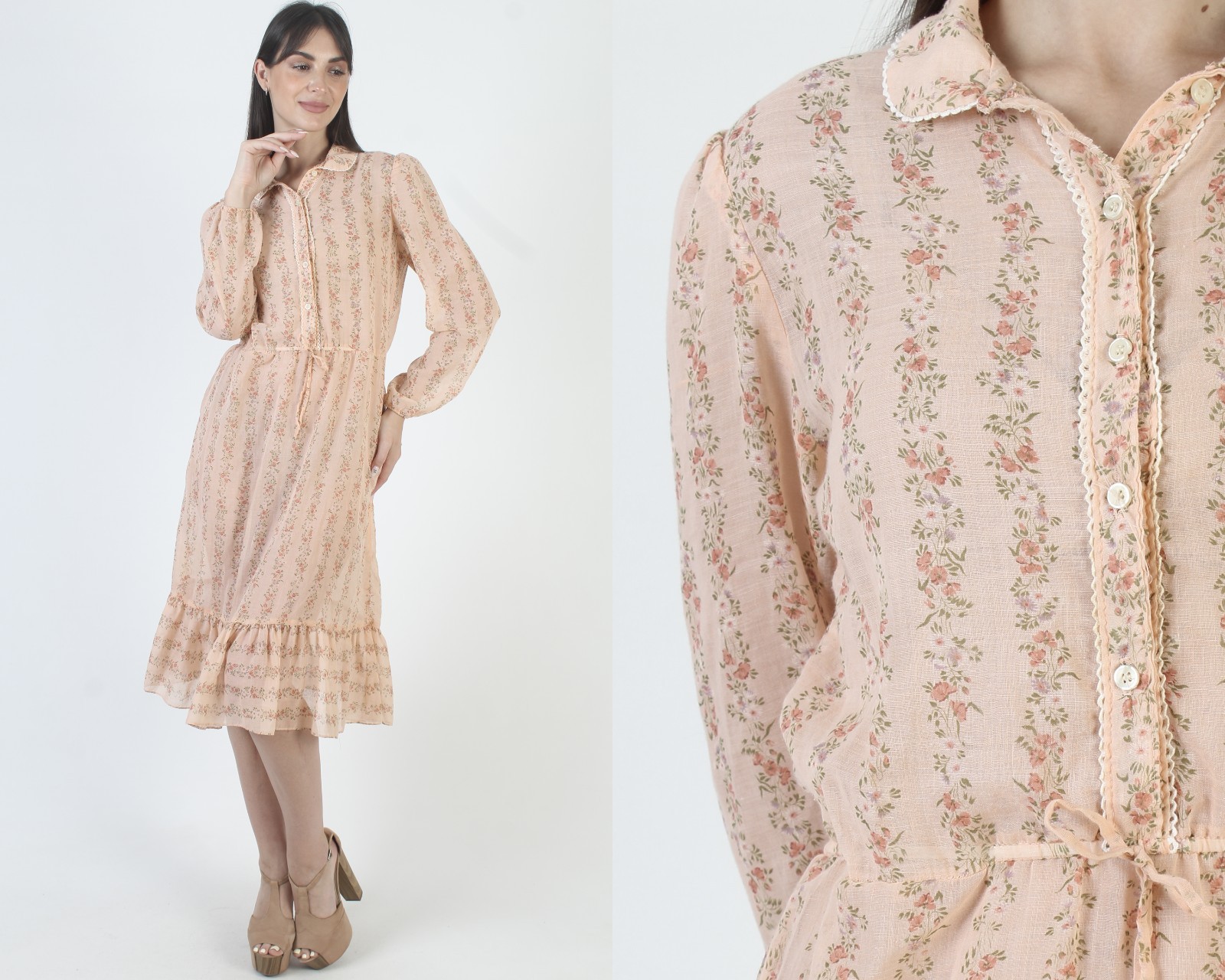 Vintage 70s Peach Calico Dress Sheer Waist Tie Prairie Cottage Midi Sundress