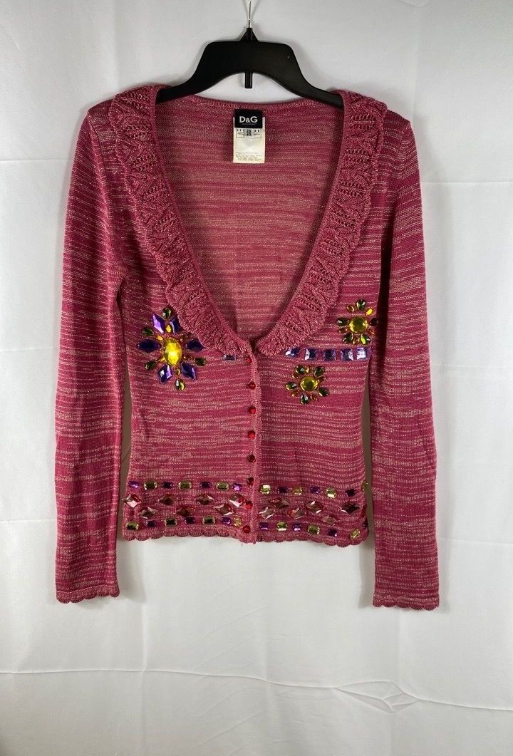 Vintage Y2K D&G Dolce & Gabbana Women&rsquo;s Pink Embellished Ruffle Cardigan Sz 40