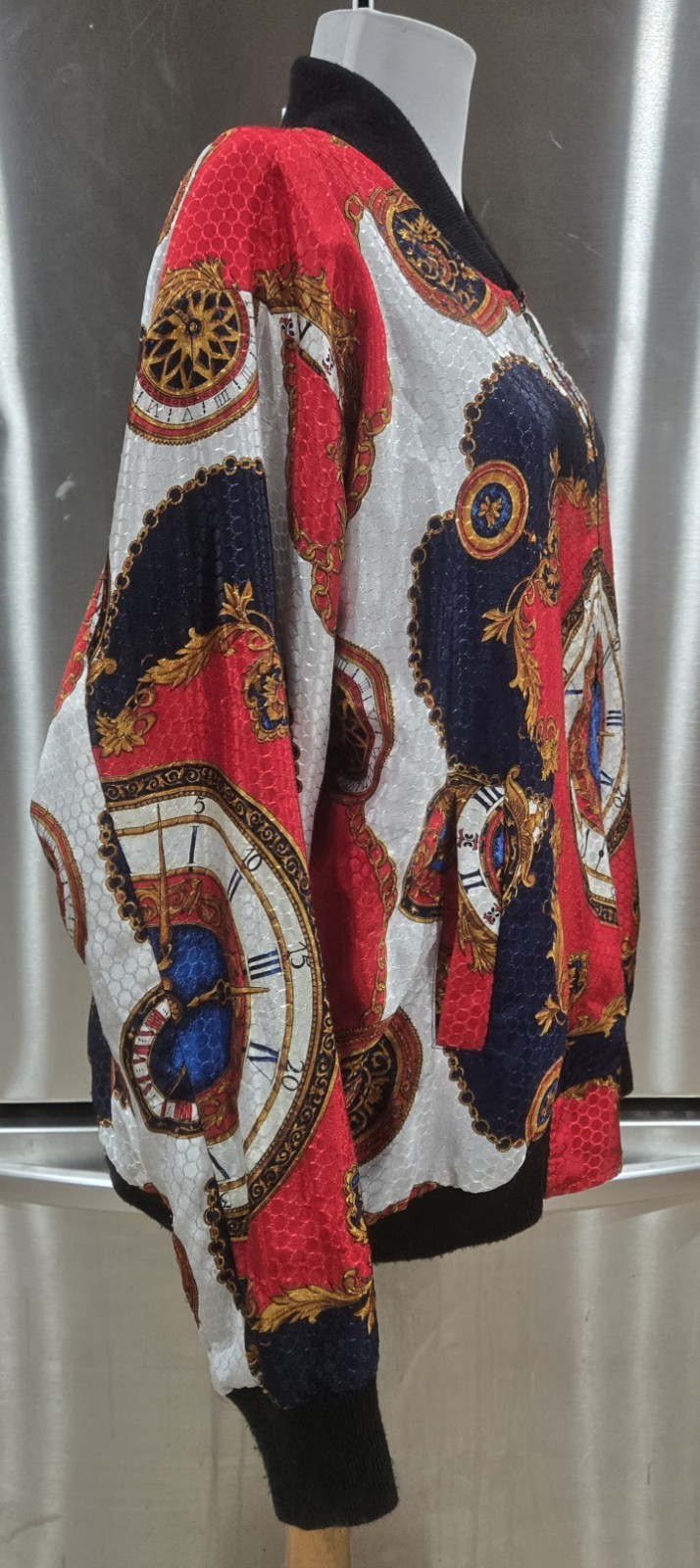 1980s Reversible Reflective Silky Baroque Clock Medallion Bomber Jacket Sz L