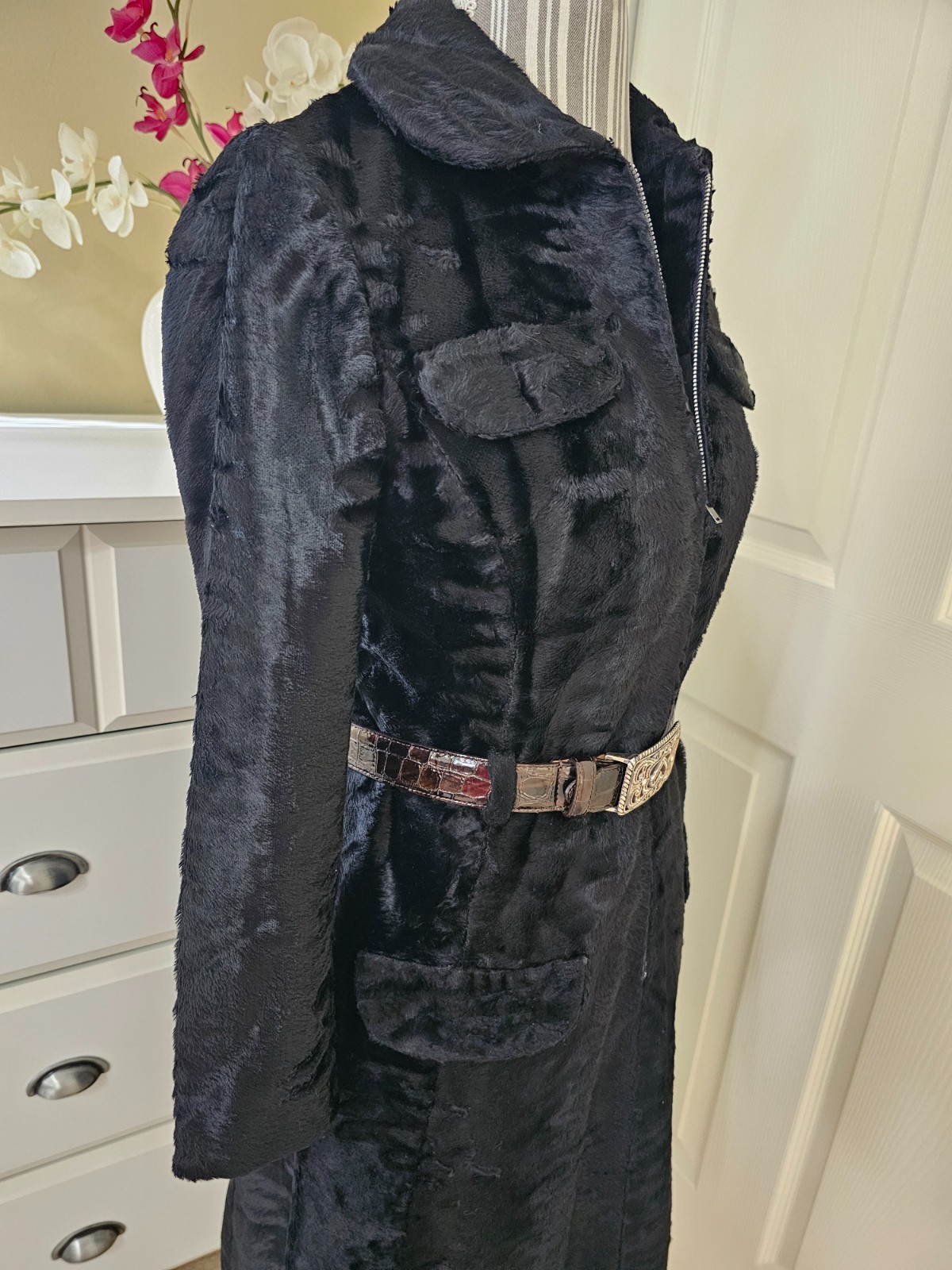 VTG 1960s Adele Simpson Womens Black Crushed Velvet Half Zip Coat Dress Sz. M