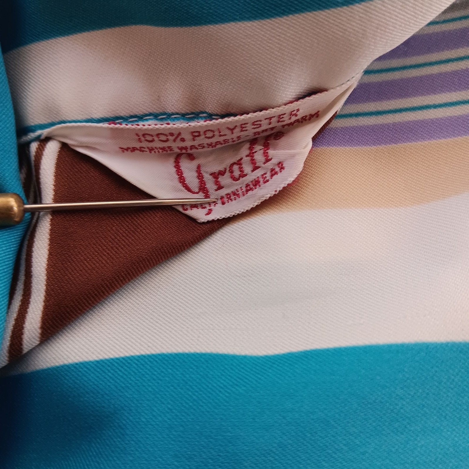 True Vintage Medium Belted Top 1970&rsquo;s Graff Polyester Blue Brown Striped Brady