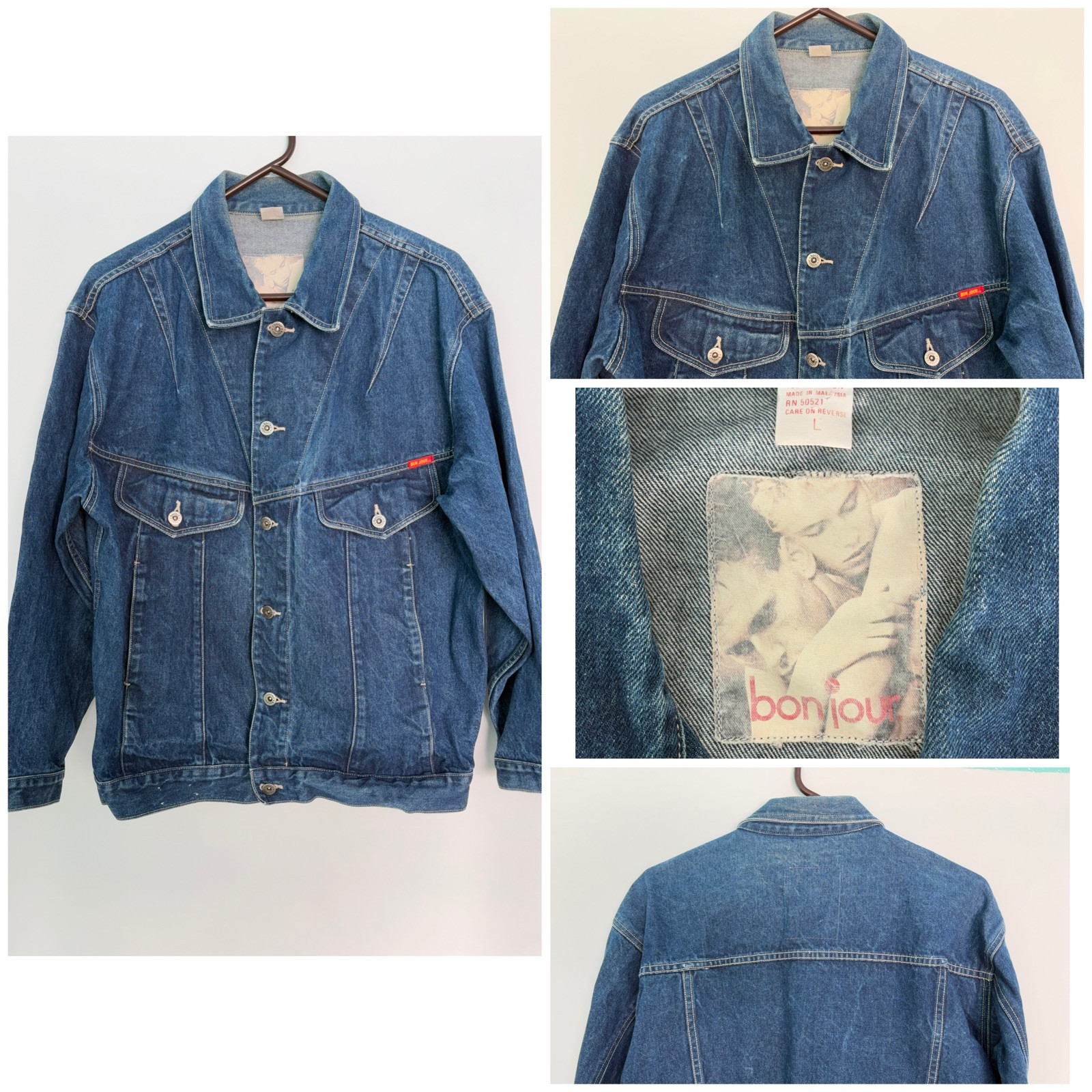Vintage 80s Jean Jacket Bonjour Jeans Blue Denim Women Large Retro 1980s