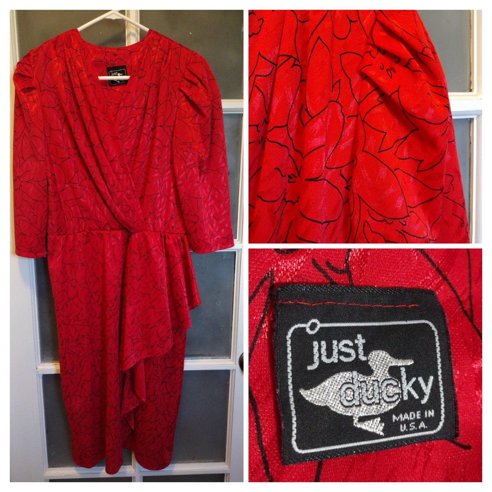 80s / 90s JUST DUCKY Vintage Spring Summer Dress Red Black Floral Sz 10 USA Made