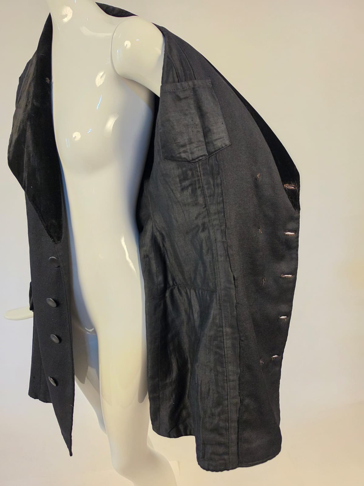 EDWARDIAN BLACK WOOL WALKING SUIT JACKET W VELVET TRIM