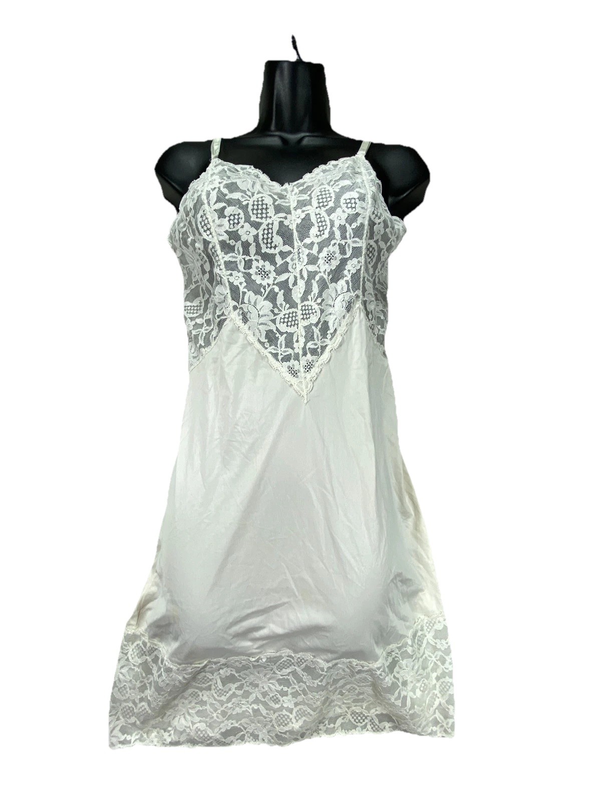 Vintage Full Slip Nightgown Dress 2XS White Fairy Floral Sheer Lace Trim Nightie