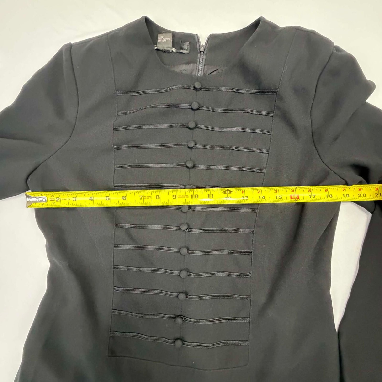 Vintage Maranna Blk Structured Long Sleeve Dress with Decorative Pintuck Buttons