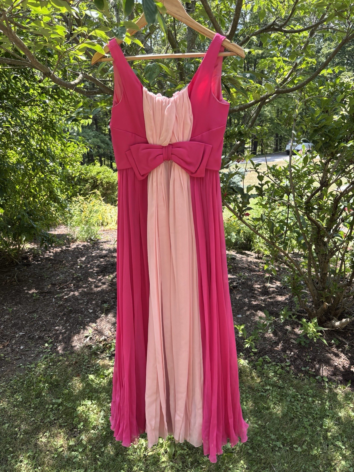 Vintage 60s MARDI GRAS NY Hot Pink Chiffon Evening Gown Dress Bow Empire XS