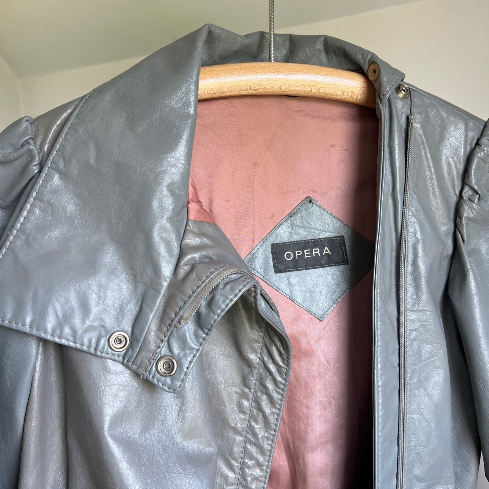 Vintage 80s Leather Jacket Small Gray Stand Collar Funnel Neck Retro Avant Garde