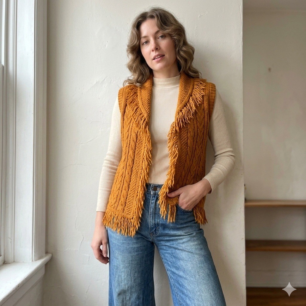 Vintage 1970s Wintuk Acrylic Vest Women Small Orange Fringe Knit Boho Retro Shag