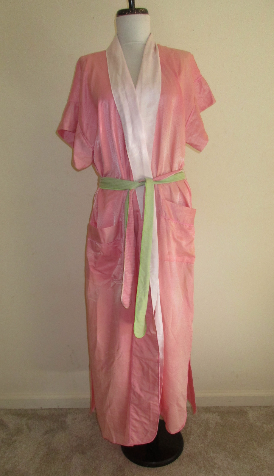 Vintage 80&rsquo;s Fernando Sanchez Pink White Long Cotton Nylon Belted Robe USA M/L