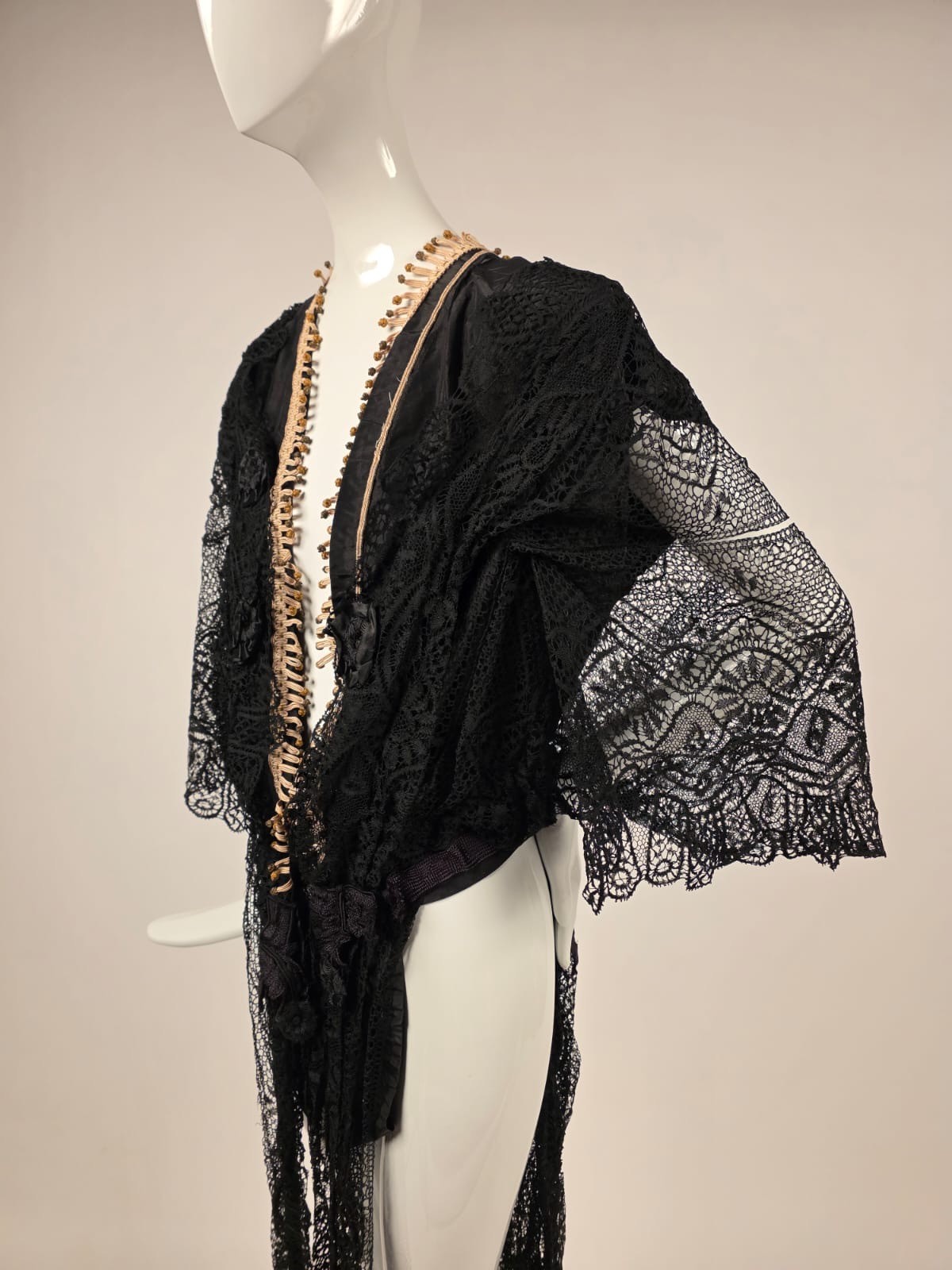 EDWARDIAN HAND MADE CLUNY LACE JACKET W LAME KNOT EDGING + BELL SLEEVES + TAILS