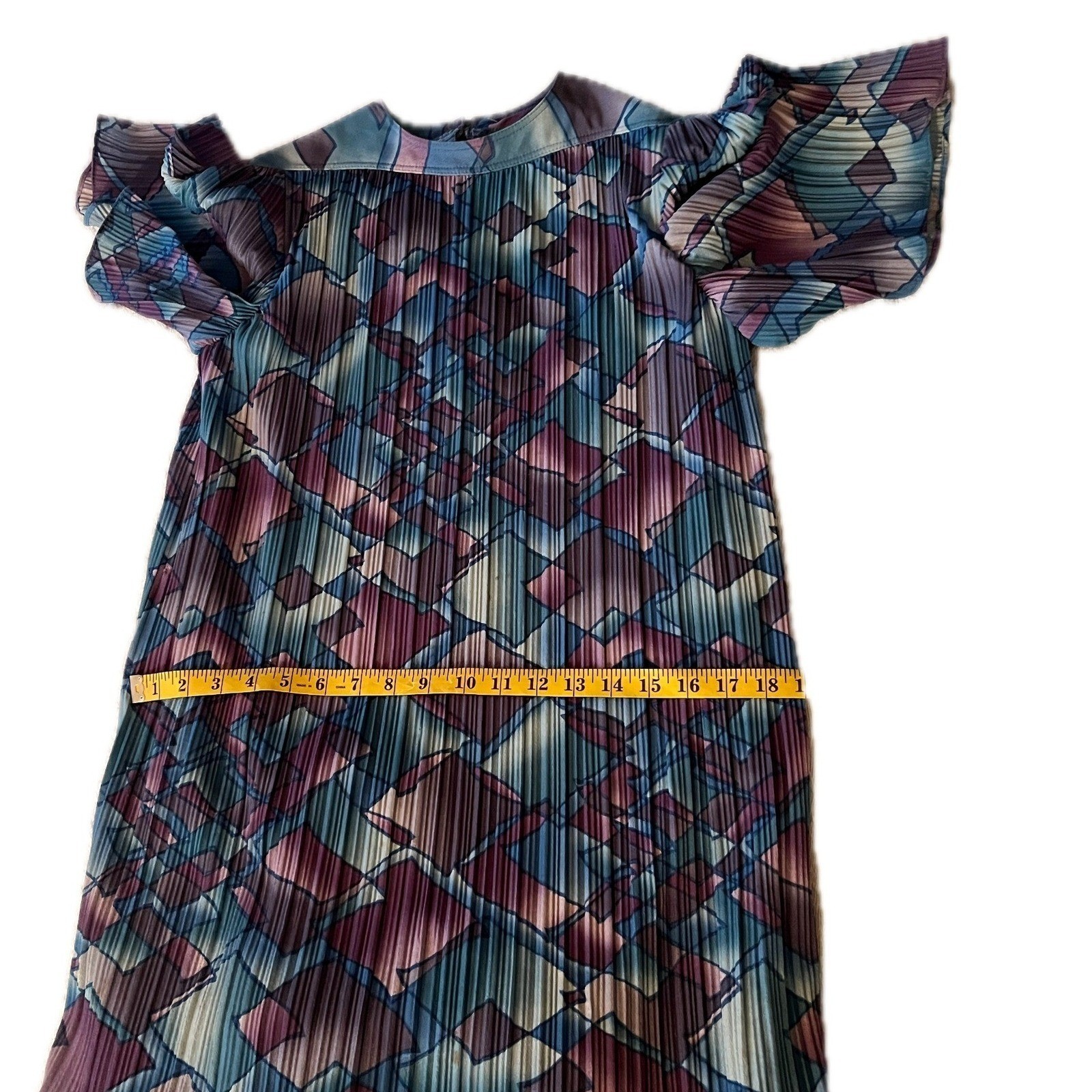 80s Vintage Pleated Geometric Ruffle Art Deco Midi Dress Purple Blue Sz 8P