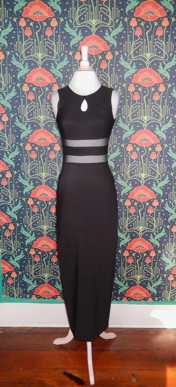 Vintage 90&rsquo;s Y2K Rampage Black Whimsigoth Knit Sheer Mesh Waist Maxi Dress S
