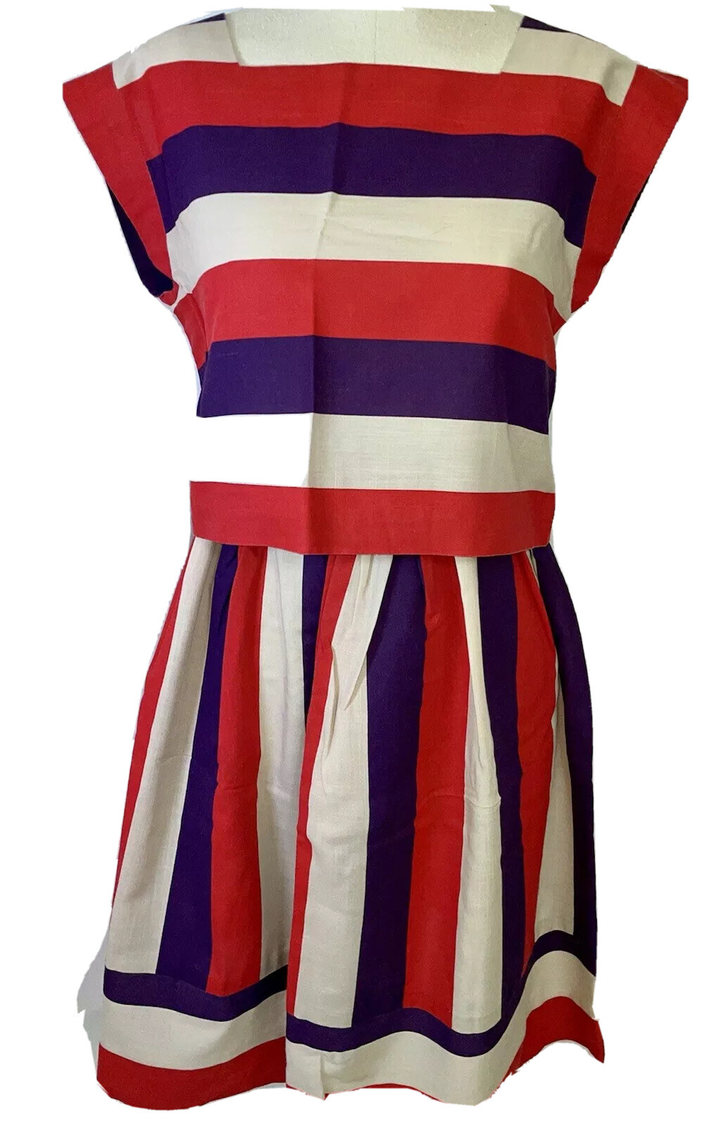 Vtg 60&rsquo;s 70s Crop Top & Skirt Set Handmade OOAK Striped Red White Purple S 4 6