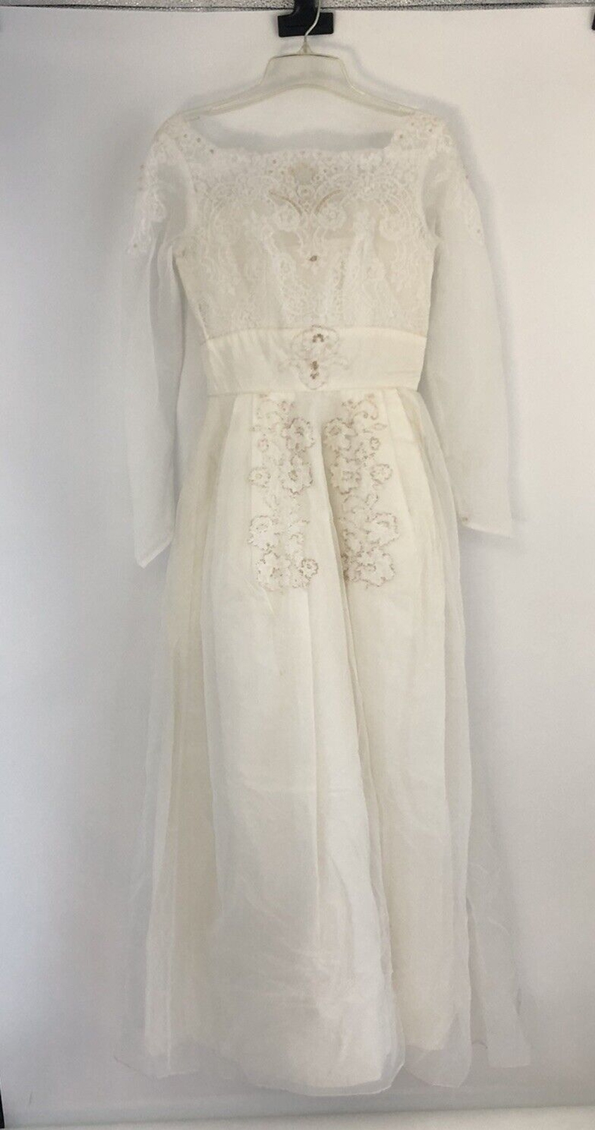 1960&rsquo;s A Line Wedding Dress Lace Tulle Off White Sheer Long Sleeve No Tag