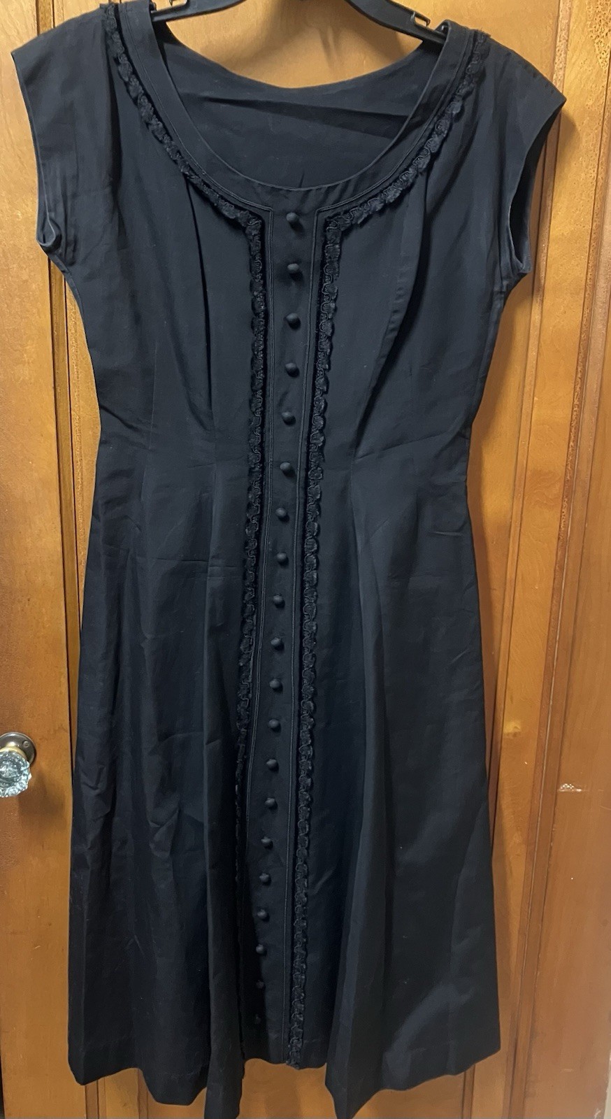Vtg Beautiful Handmade Black Tailored Dress Covered Buttons Lace 50’s