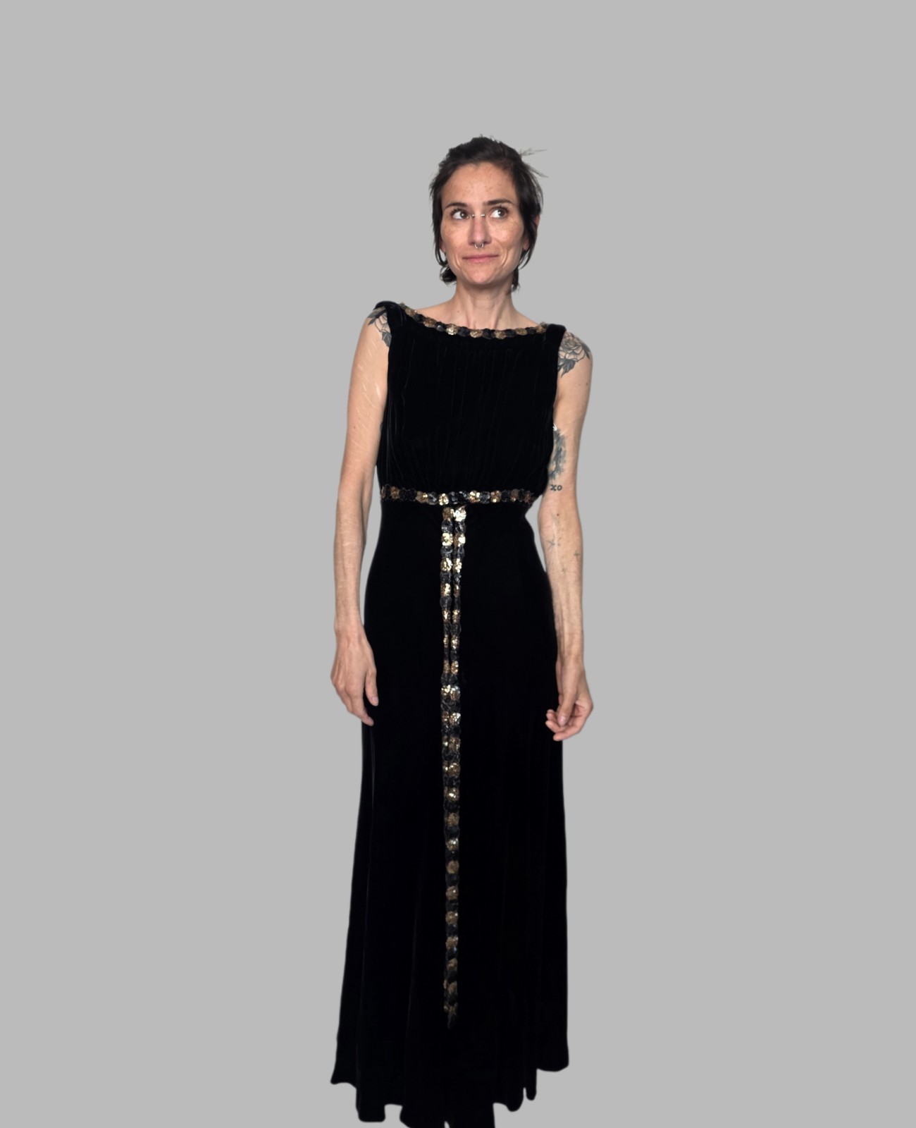 Authentic 1930s Black Velvet Evening Gown | Sequin Trim & Sash | Old…