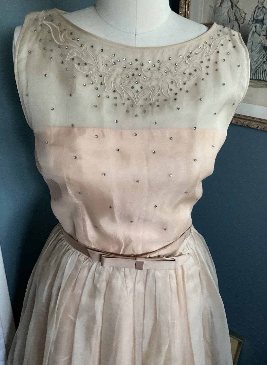 VINTAGE 50&rsquo;S R & K Sheer Chiffon nude Party Dress w/ Rhinestones Rockabilly 6