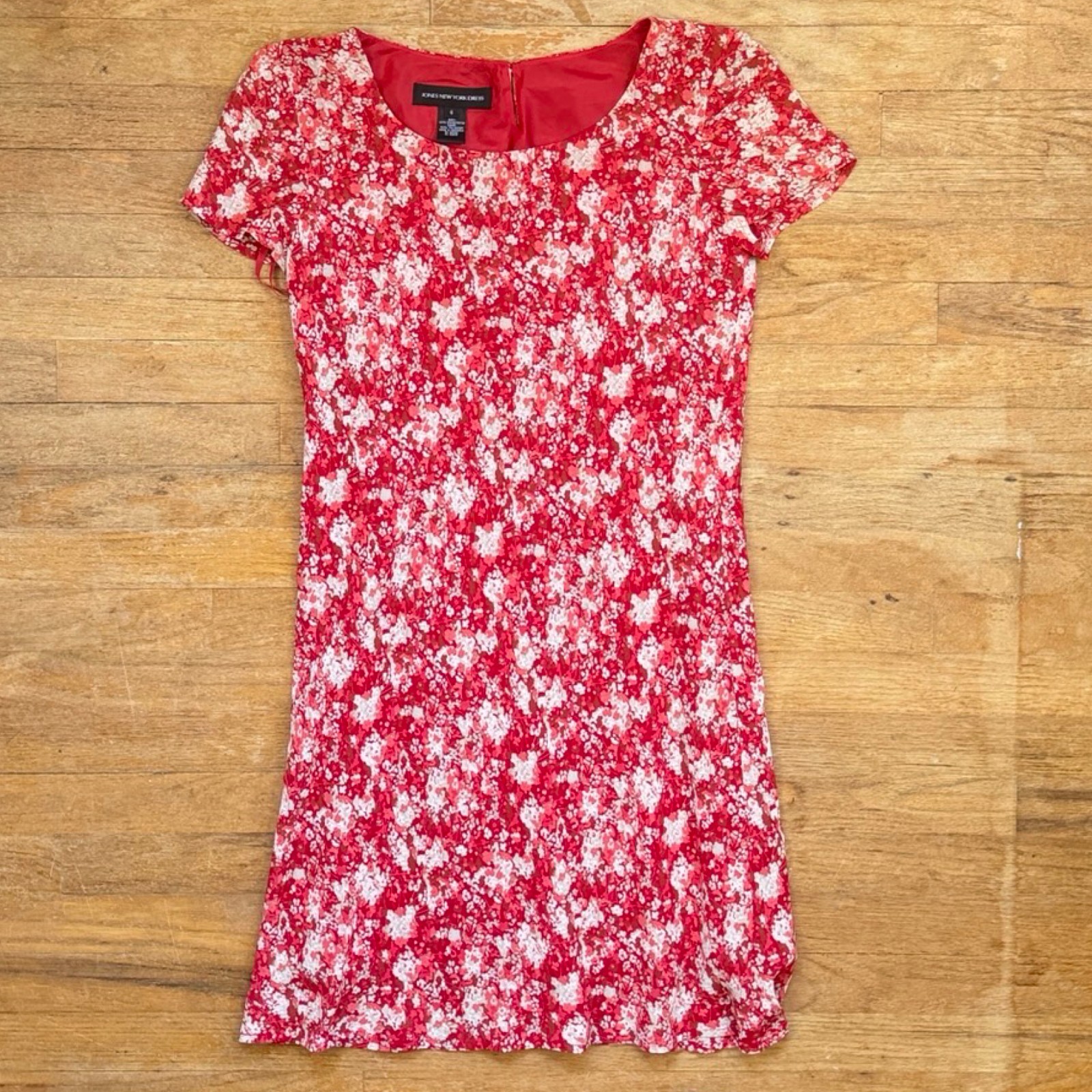 Vintage Red Floral Print Short Sleeve Dress Size Small (6) 90s Crepe Sundress