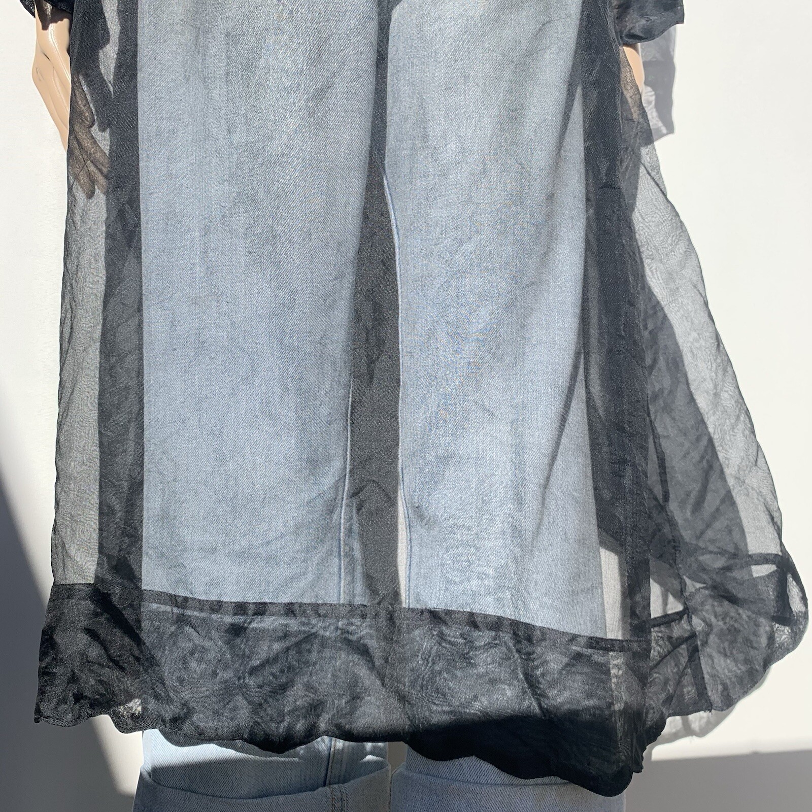 Repaired Vintage Designer Elan Vitale Avant Garde Sheer Black Rayon Duster Coat