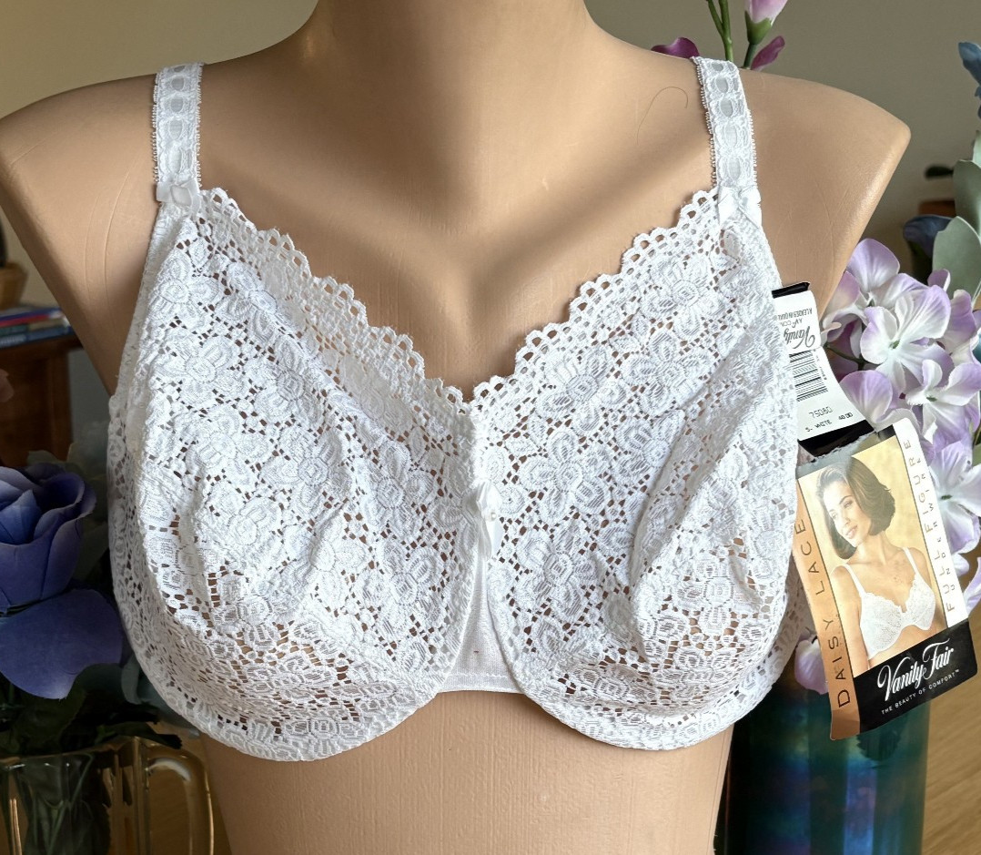 VANITY FAIR 40DD White Lace Unlined Sheer Underwire Bra #75080 VINTAGE NWT