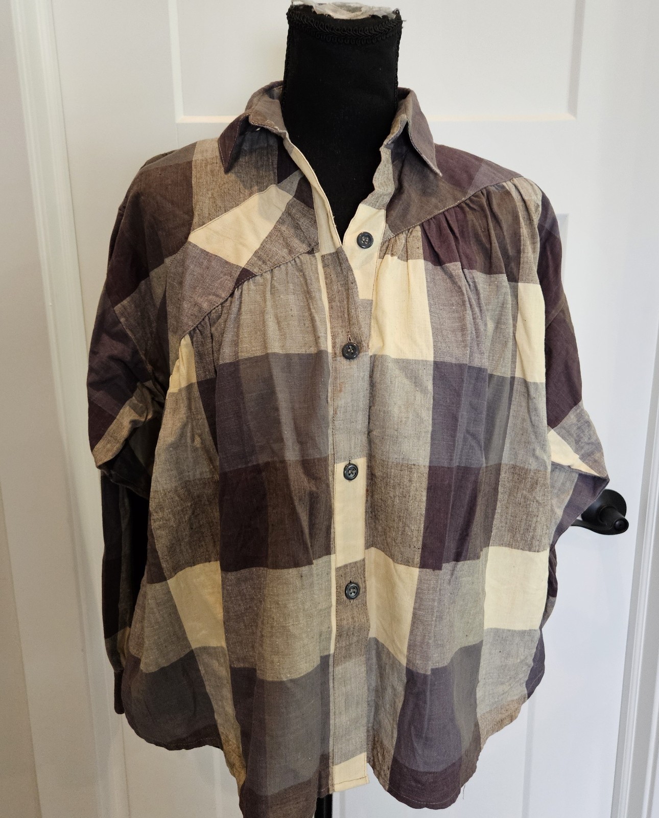 VTG 80s Melissa Maranne Brown Plaid Linen Cotton Button Pleated Tunic Top Small