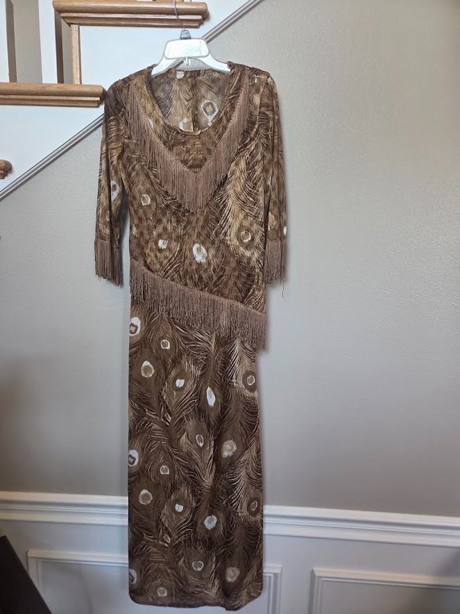 Vtg Tan Peacock Fringe 2 pc Boho Flapper Style Party Dress Size 11/12 Sheer