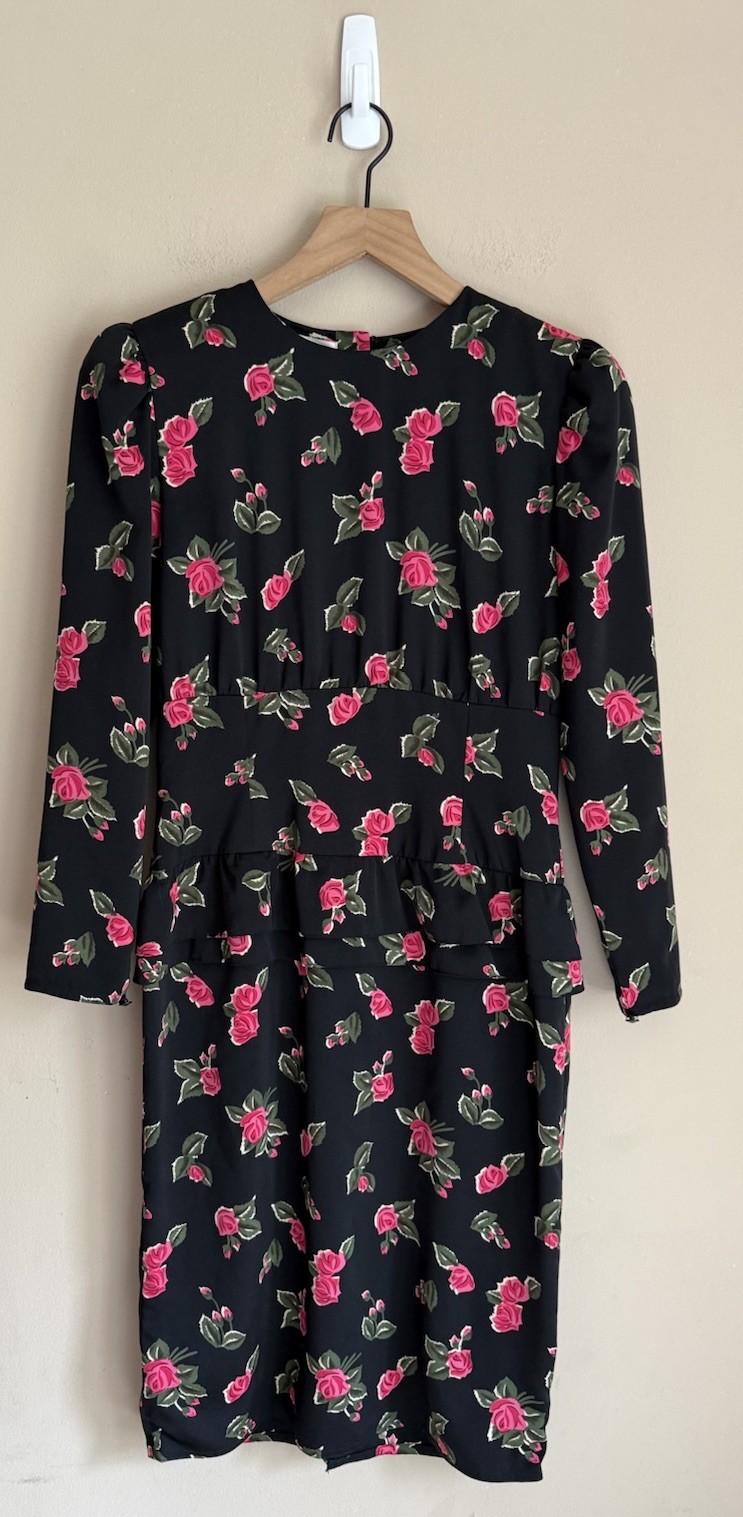 Dress Vintage 80s 90s Peplum Sheath Rose Floral Womens Size 4 Petites 4P