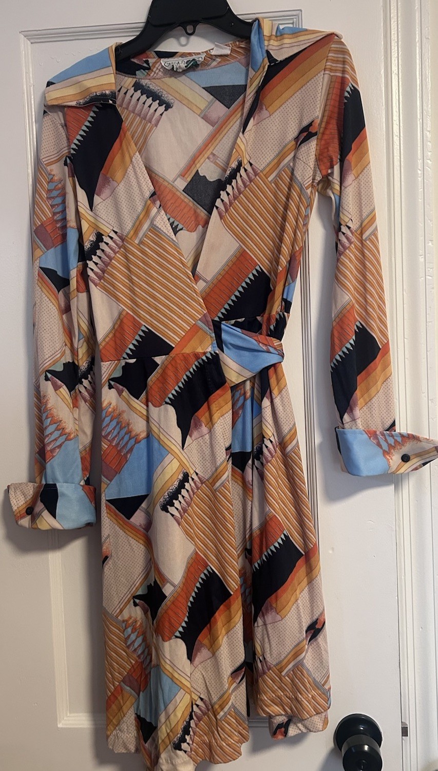 Vintage 70s Huk-A-Poo Wrap Dress Geometric Disco Print XS S Nylon Jersey Mod