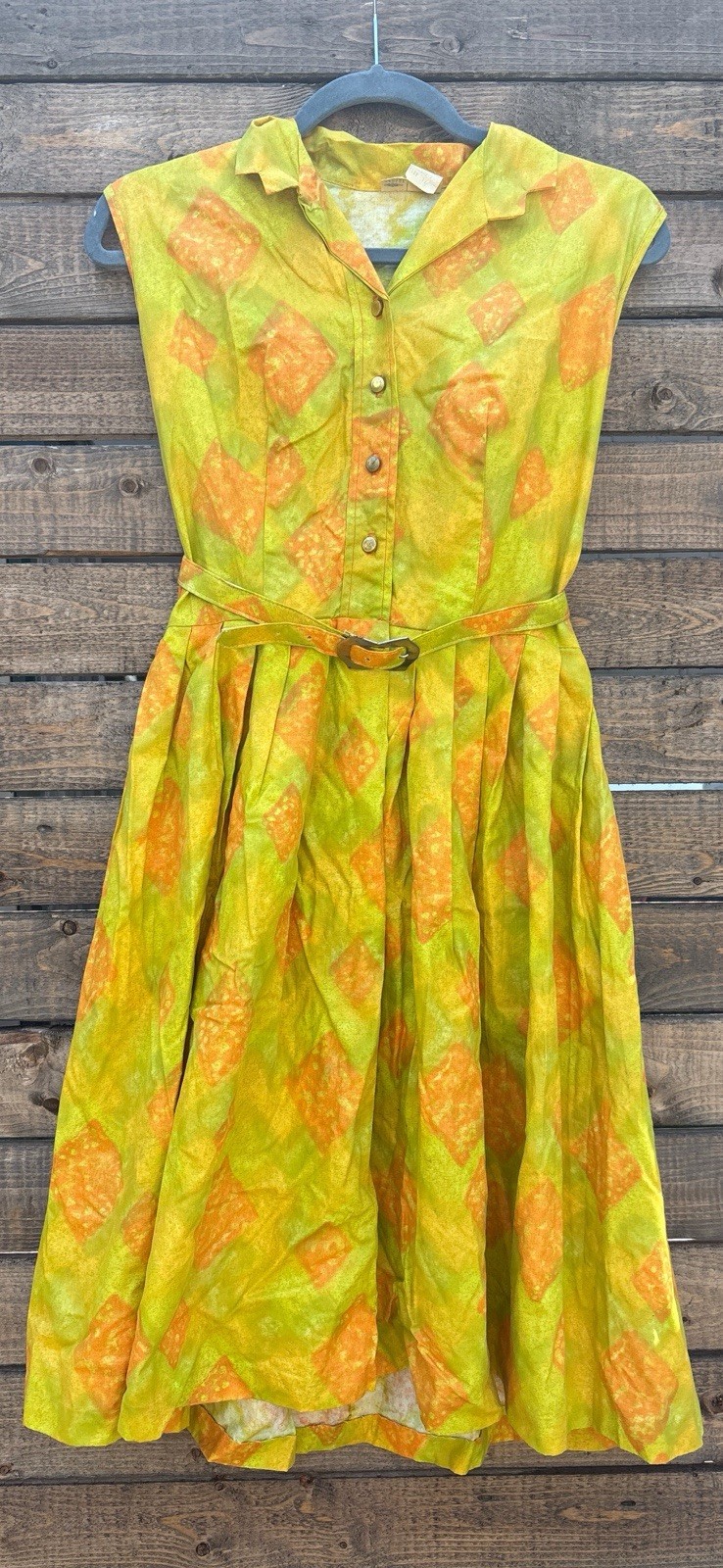 Vintage 1960s JACL Cotton Rayon Mod Shirtwaist Dress Green Orange Size 12