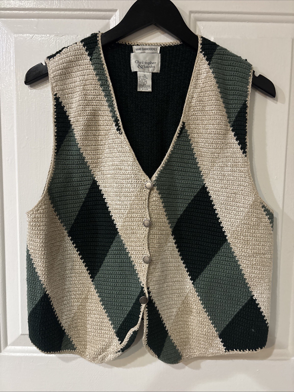 Vintage Christopher & Banks Ramie-cotton Blend Argyle Vest Size M Embroidered