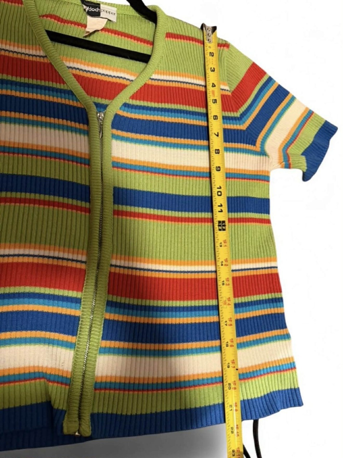 Y2k Vintage Beldoch Popper Multicoloured Short Sleeve Striped Zip Up Sweater