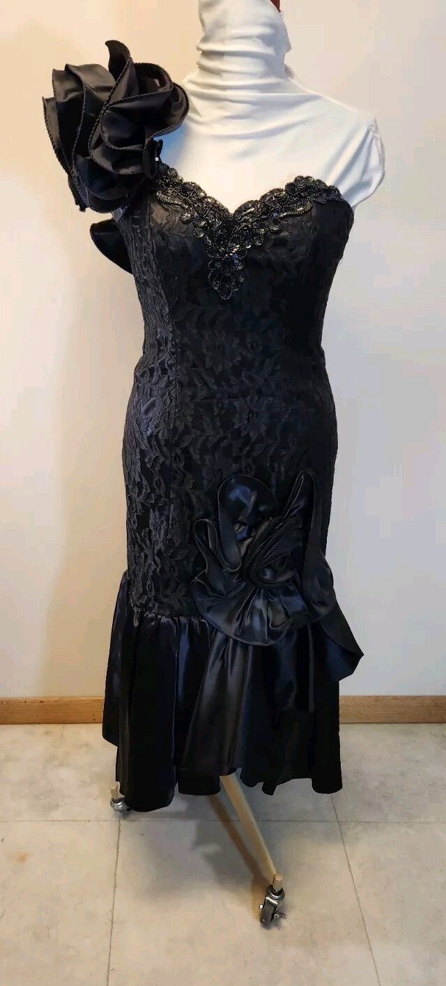 Vntg Blk Flirtations A. Angelo Gown w/Lg Flower,Sequins,1 Shoulder*sz8-see Pics