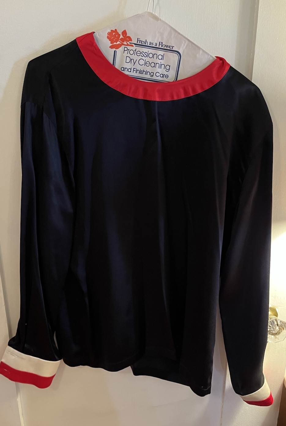 Escada Margaretha Ley 100% Silk Size 40 Vintage Blouse, Navy Red, White, READ