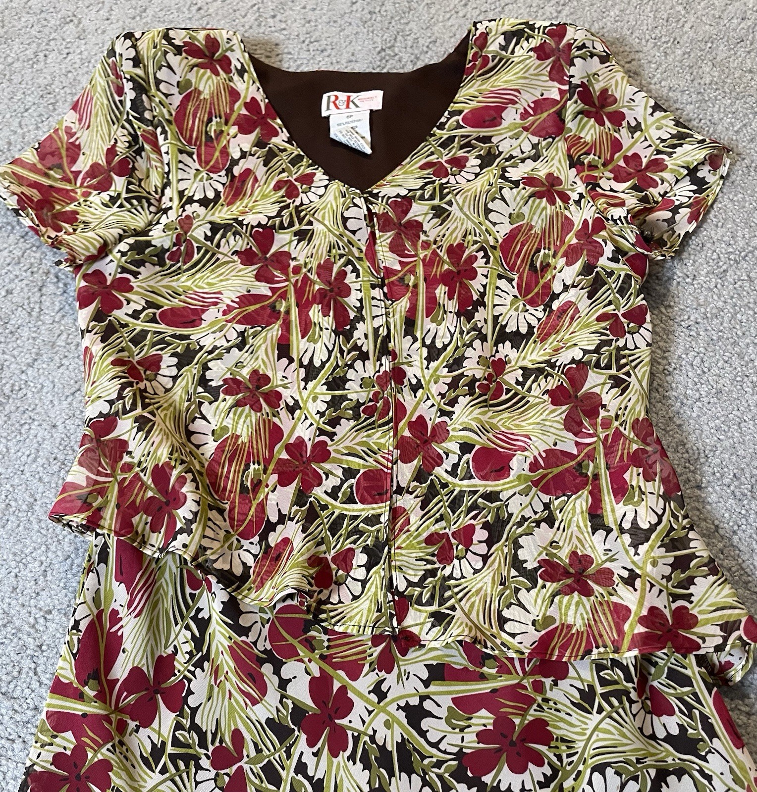 80’s R&K Originals Layered Floral Dress 8P Green Red Chiffon Career Boho Party