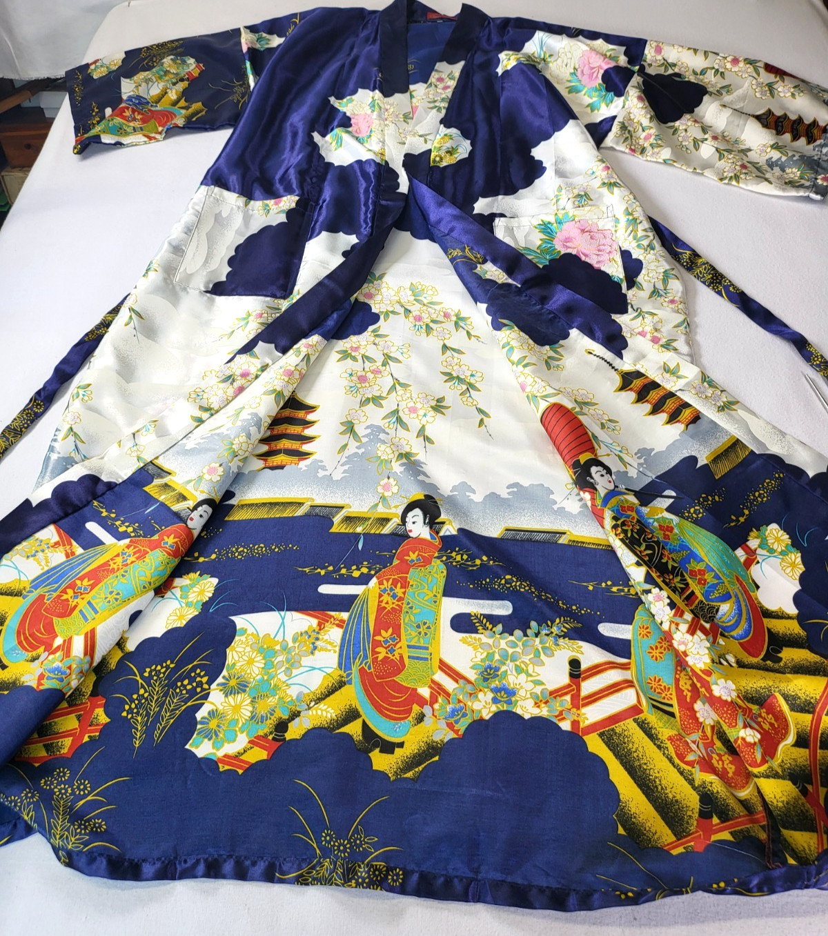 VTG Silver Dragon De Oriental Classic Blue Kimono Robe Geisha Womens XXL