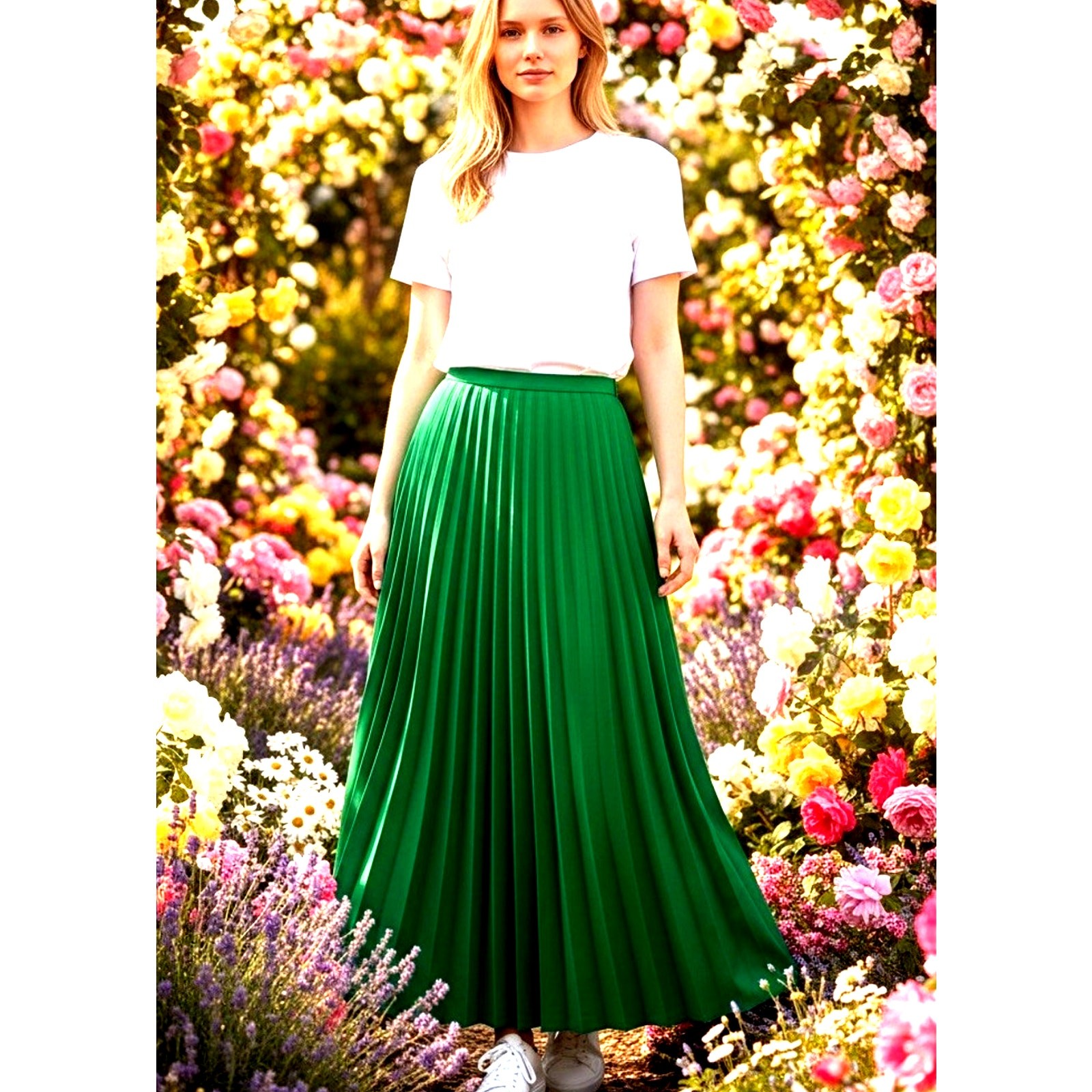 Vtg 60s Beverly Paige Green Accordion Pleated Full Circle Maxi Skirt Wool Boho S