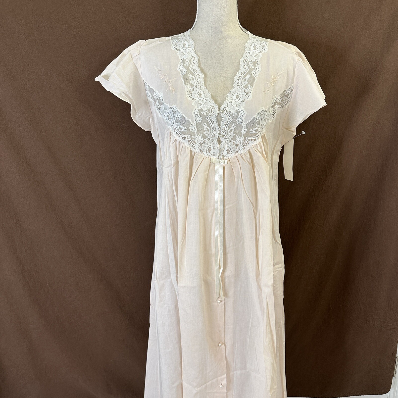 Vtg 80&rsquo;s Lindsey Blake Cotton Blend Pink Puff Sleeve Lace Victorian Nightgown L