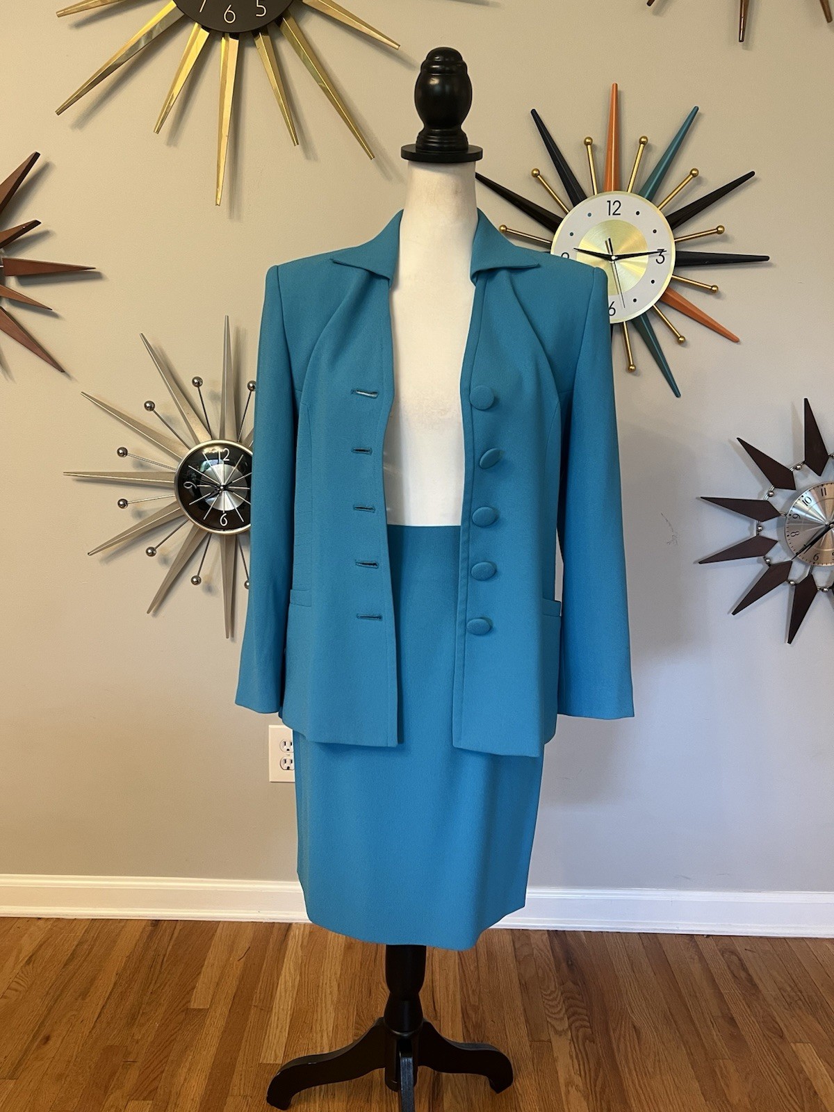 VTG Christian Dior Size 2 1980s 2Pc Turquoise Blue Skirt Suit Set