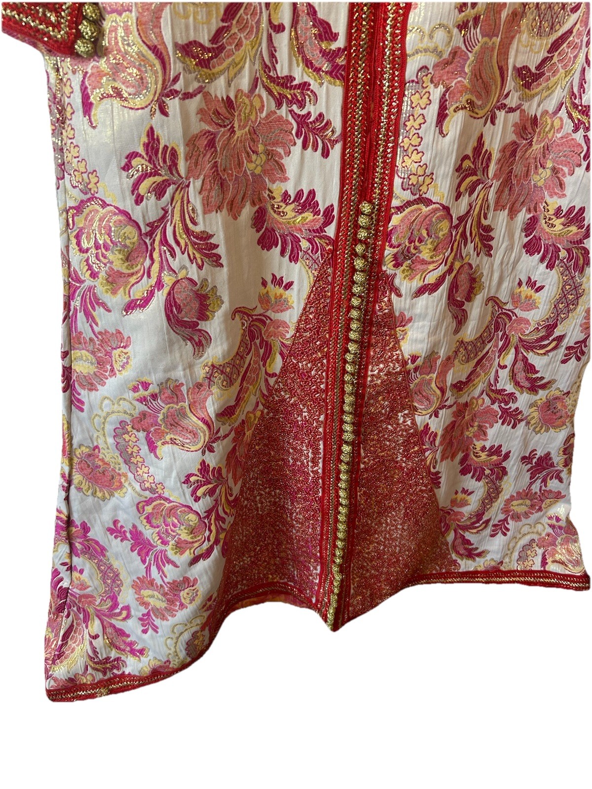 Vintage 1970’s Moroccan Brocade Kaftan Maxi Dress Pink Gold Embroidered L/XL