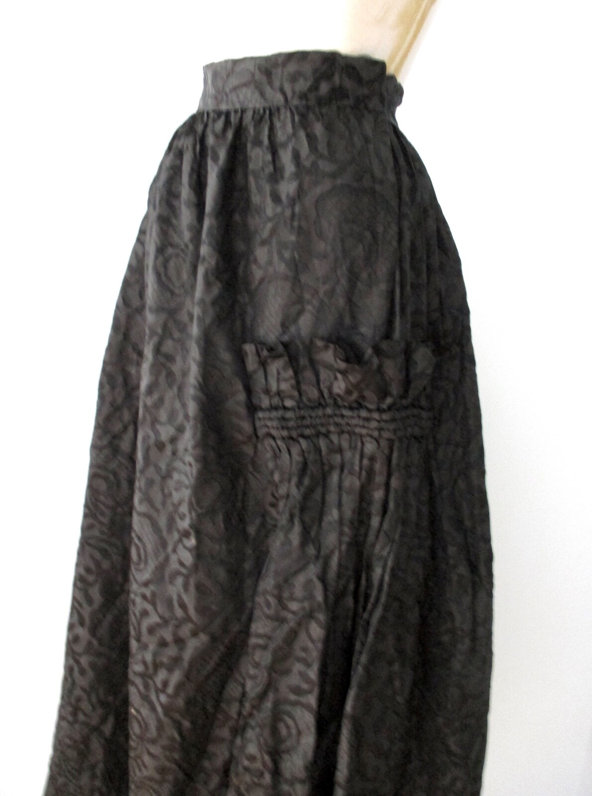 Antique Victorian black patterned taffeta long skirt ruffle embellishments 30 in