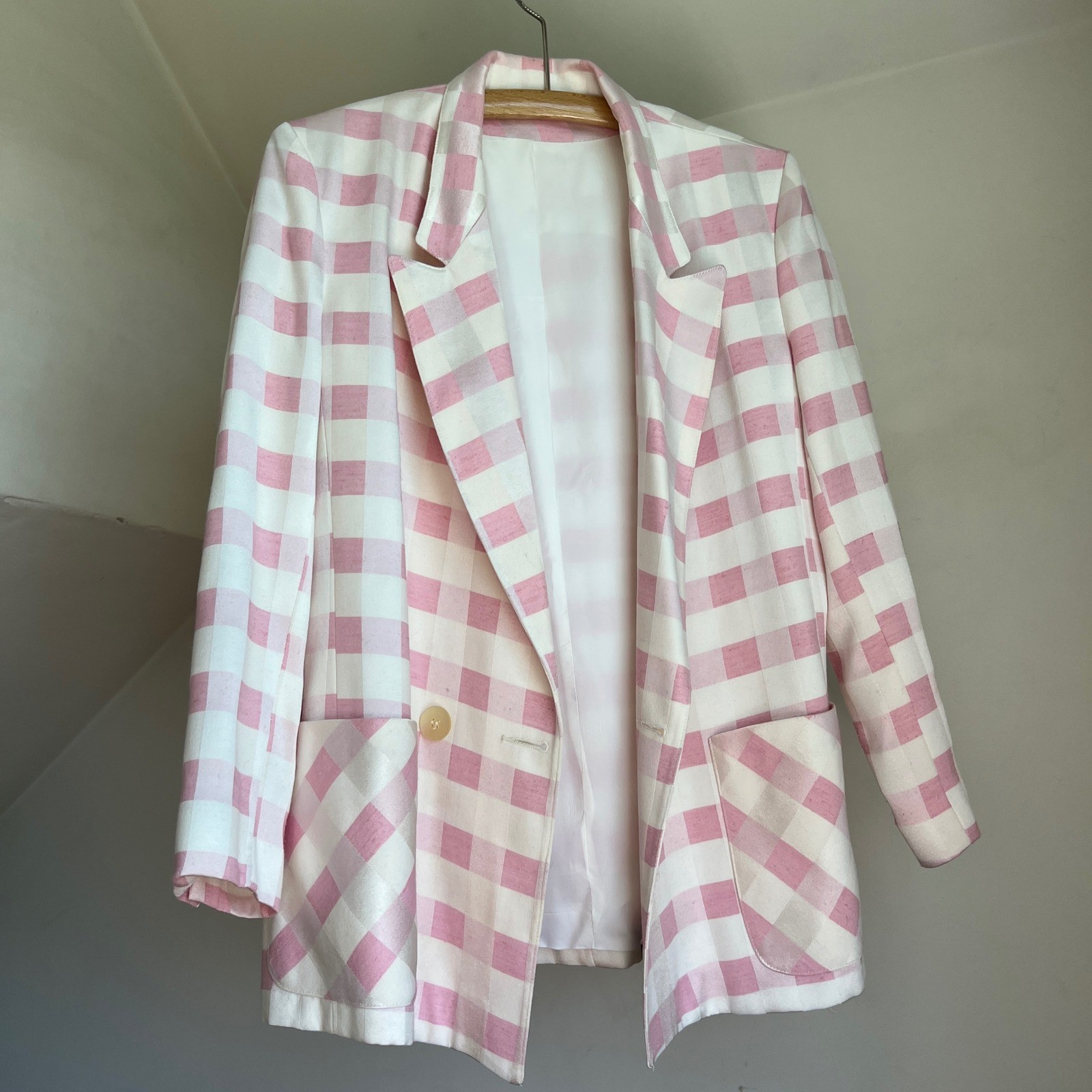 Vintage 1980s Blazer Pink White Gingham Check Double Breasted Jacket Avant Garde