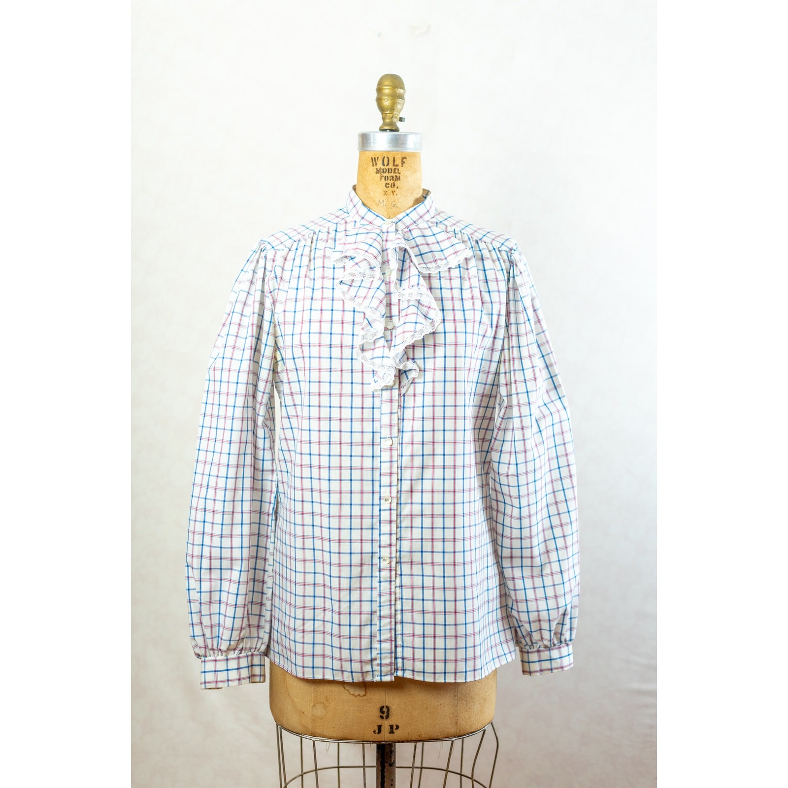 Vintage 80s Cottage Plaid Ruffled Blouse, Red White Blue, Prairie Gingham, M