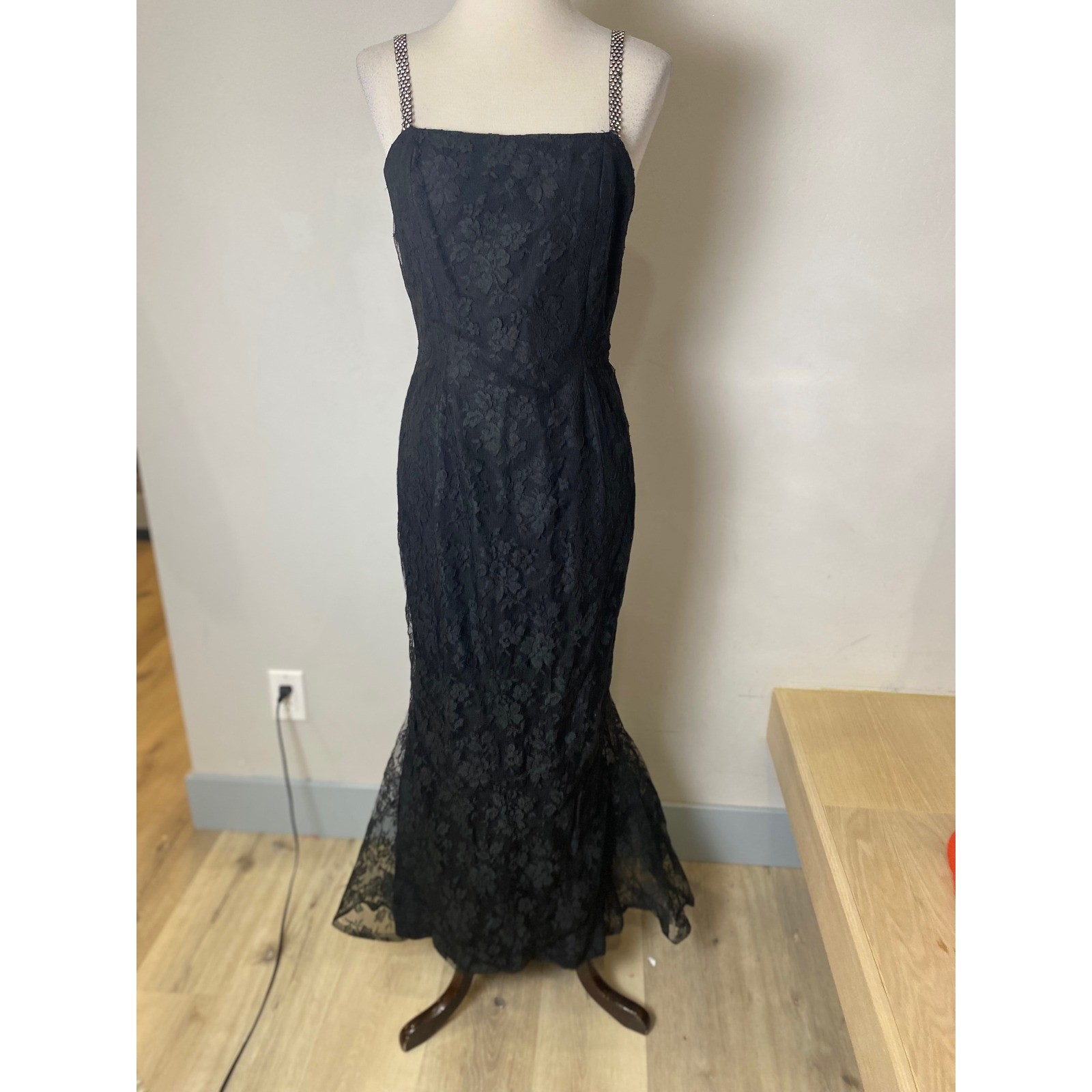 Vintage 1960s Black Lace Mermaid Evening Gown Rhinestone Straps Formal Dress